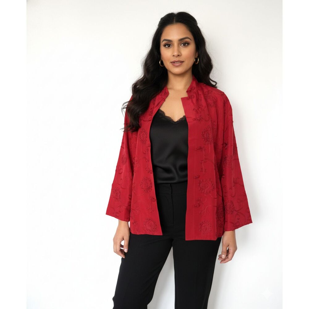 Vtg Red Silk Jacquard Embroidered Kimono Jacket Frog Closures 2X